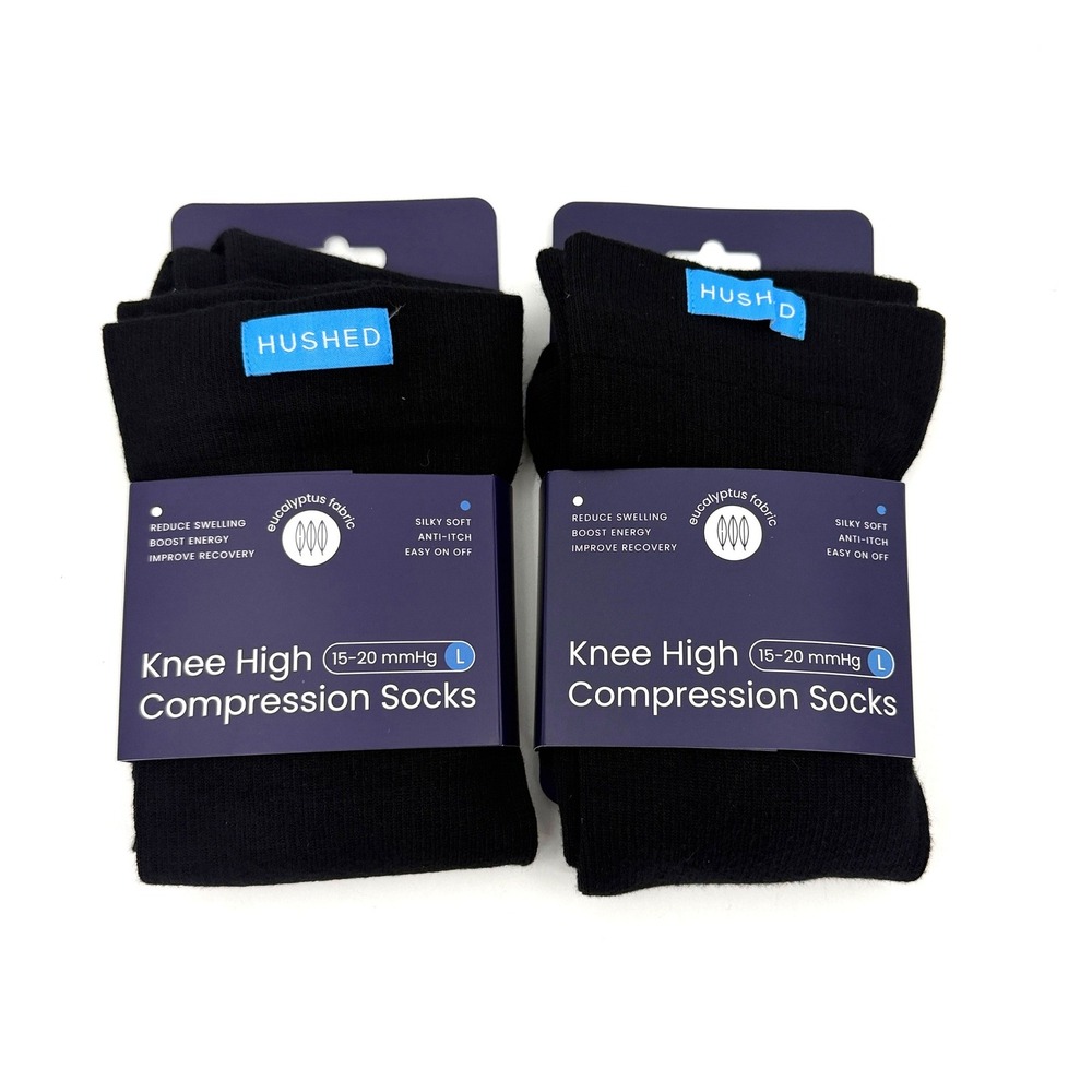 2 Pair HUSHED Compression Socks 15-20 mmHg Large Black Eucalyptus Knee High